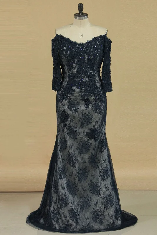 Mermaid Mid-Length Sleeves Mother Of The Bride Dresses Tulle With Applique And Beads Mermaid Mid-Length Sleeves Mother Of The Bride Dresses Tulle With Applique And Beads