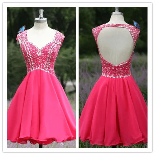 Open Back Red Chiffon Short Sexy Homecomings Dress Prom Dresses