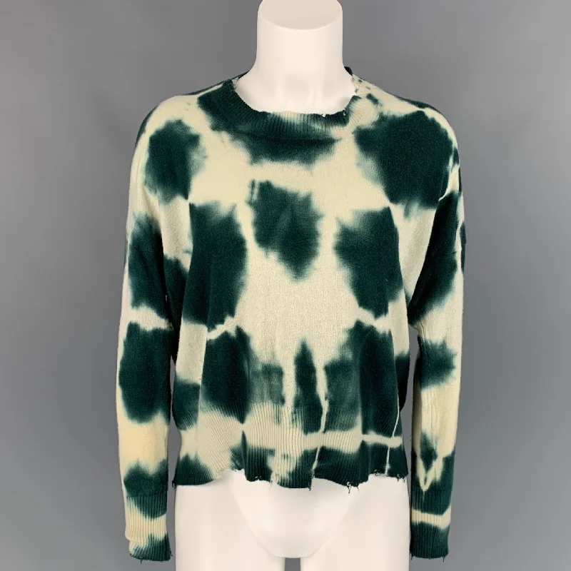 PRIVE' 45 Size S Green & Cream Tie Dye Cashmere Pullover Tight Sleeve Top