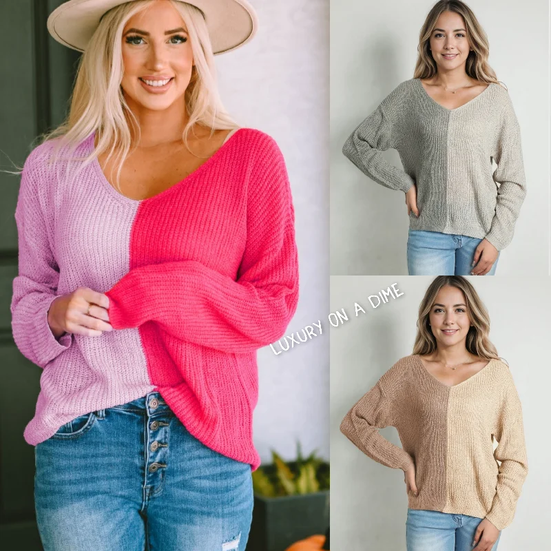 Color Block Contrast V-Neck Lightweight Pullover Knit Sweater Long Bell Sleeve