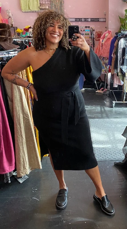 Eloquii Black One-Shoulder Bell Sleeve Sweater Dress with Waist Tie, Size 22/24 Casual Formal Business Eloquii Black One-Shoulder Bell Sleeve Sweater Dress with Waist Tie, Size 22/24 Casual Formal Business