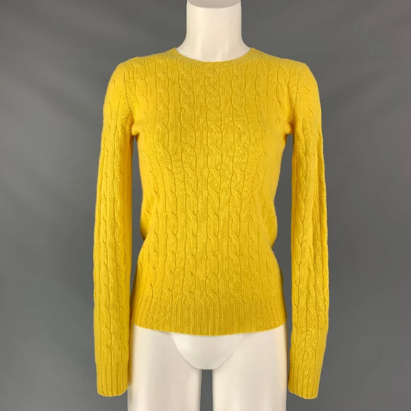 POLO RALPH LAUREN Cashmere Cable Knit Size L Yellow Pullover Ruffle Sleeve Feminine