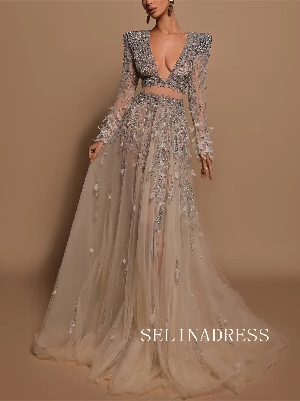 Chic A-line Silver Beaded Prom Dresses With Feather Long Sleeve Evening Gowns TKH012 Chic A-line Silver Beaded Prom Dresses With Feather Long Sleeve Evening Gowns TKH012
