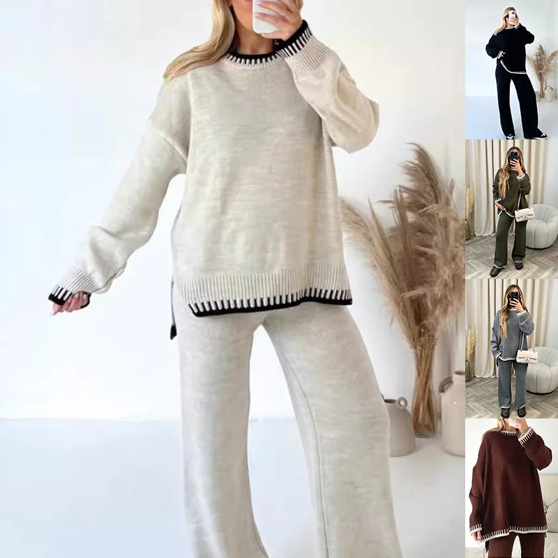 Women's Suit Fashion Pullover Split Long-sleeved Top And Loose Straight Pants Solid Color Two-piece Set Solo Sleeve Pullover