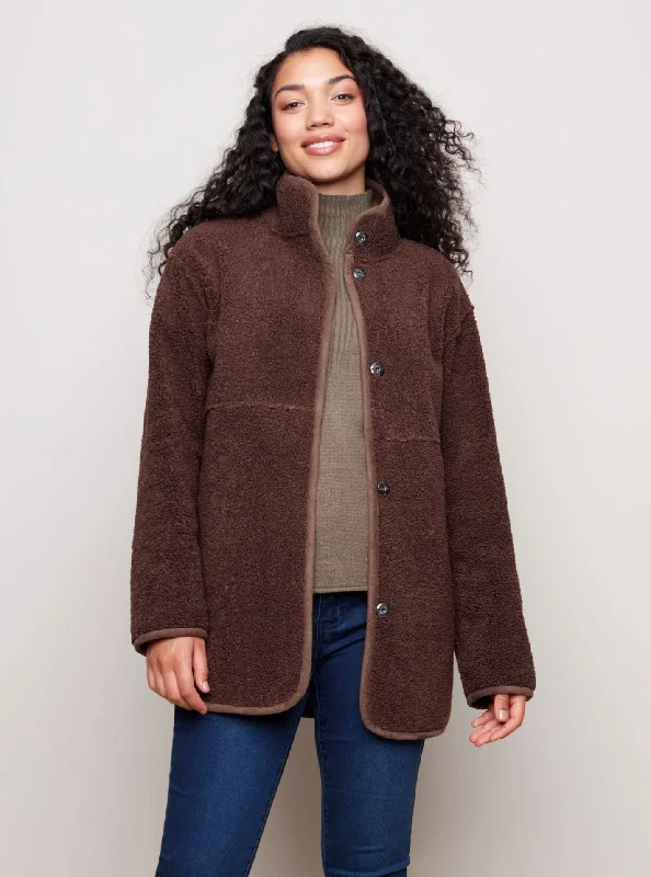 Faux Suede Sherpa Reversible Jacket [Coffee-C6229] Striped Jacket Polka Dot Jacket Floral Jacket