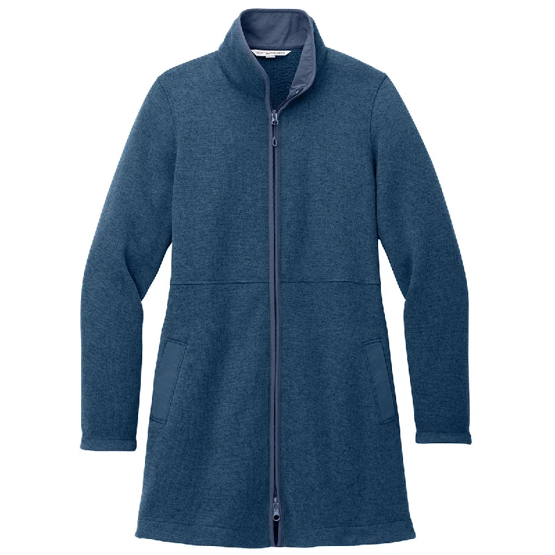 Port Authority Women's Insignia Blue Heather Arc Sweater Fleece Long Jacket Ribbed Striped Patterned Port Authority Women's Insignia Blue Heather Arc Sweater Fleece Long Jacket Ribbed Striped Patterned