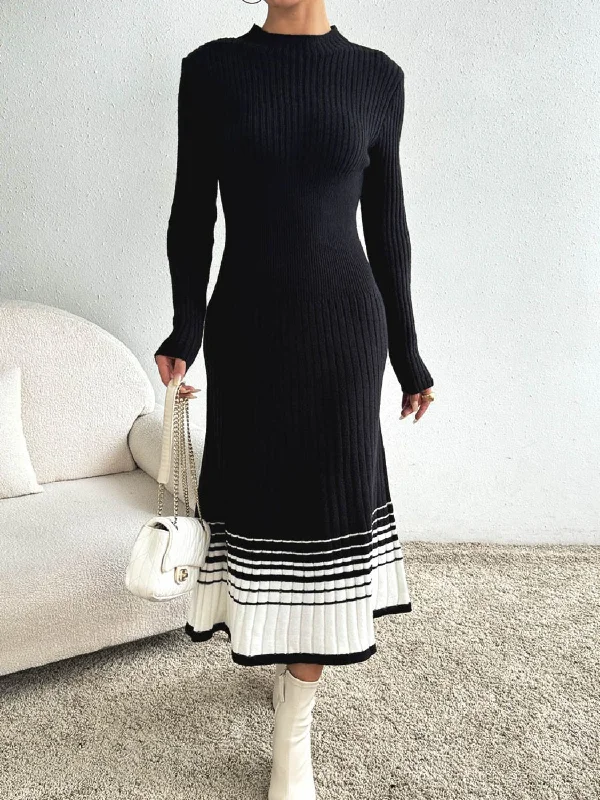 Blue Zone Planet | Contrast Mock Neck Long Sleeve Sweater Dress Boxy Sweater Fitted Sweater A-Line Blue Zone Planet | Contrast Mock Neck Long Sleeve Sweater Dress Boxy Sweater Fitted Sweater A-Line