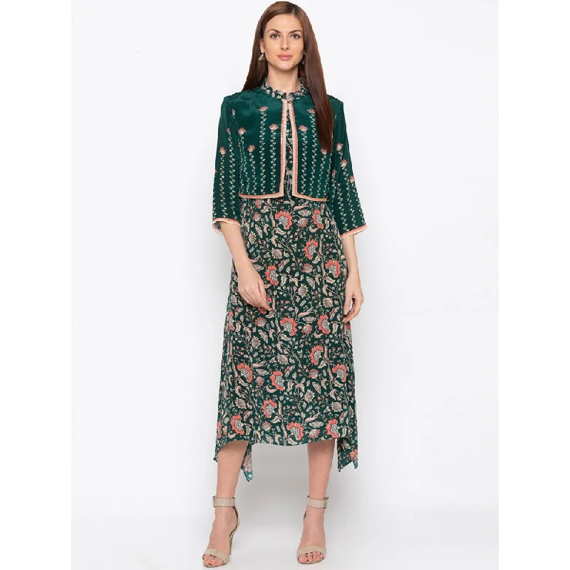 Soup by Sougat Paul Green Printed Dress With Jacket (Set of 2) Front Pockets Side Pockets Patch Pockets Soup by Sougat Paul Green Printed Dress With Jacket (Set of 2) Front Pockets Side Pockets Patch Pockets
