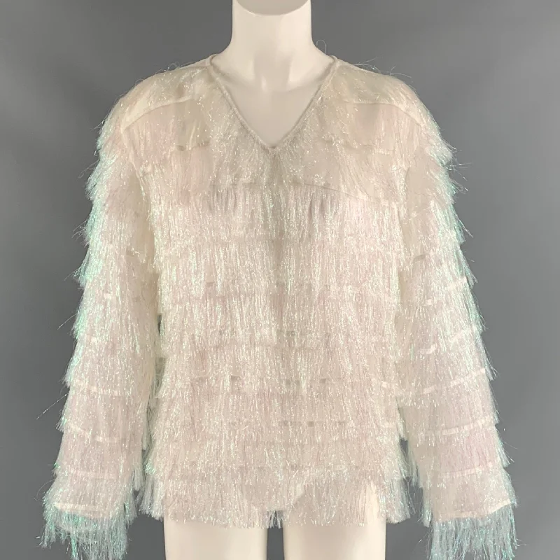 VIVIENNE HU Size 8 Iridescent White Polyester Fringe Pullover Bateau Neck Pullover