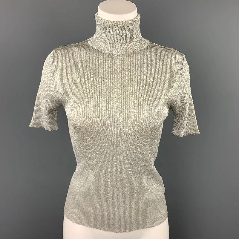 EVENEMENT Size M Silver Knitted Ribbed Viscose / Polyester Tutrleneck Pullover Flare Sleeve Stylish