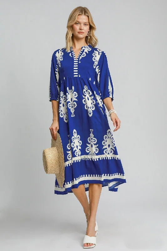 Umgee Two-Toned Abstract Print Dress in Cobalt Blue ON ORDER