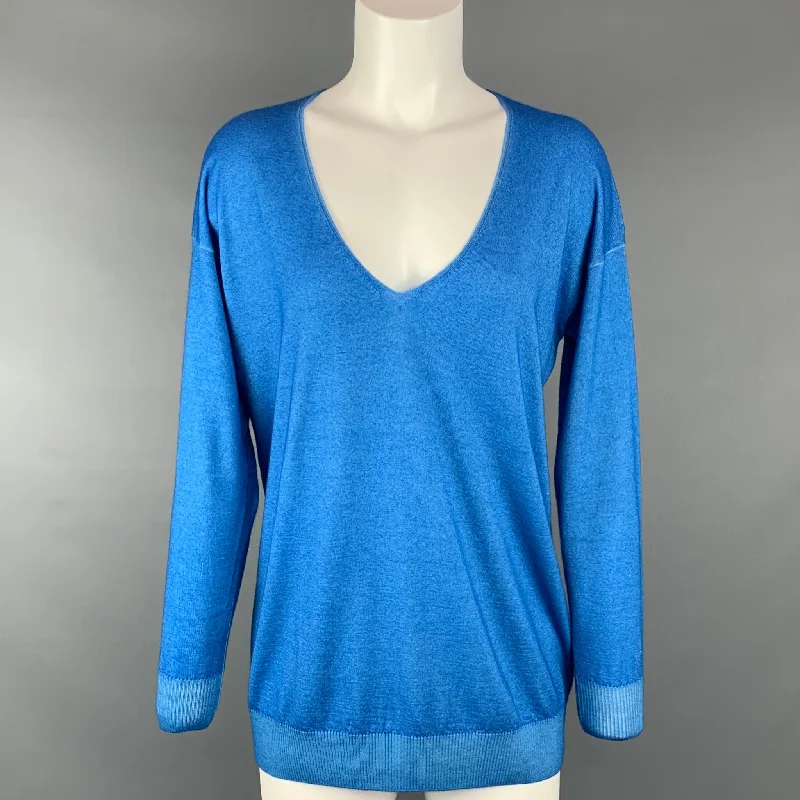 FALCONERI Size S Blue Knitted Cashmere V-neck Pullover Oversized Cozy Pullover