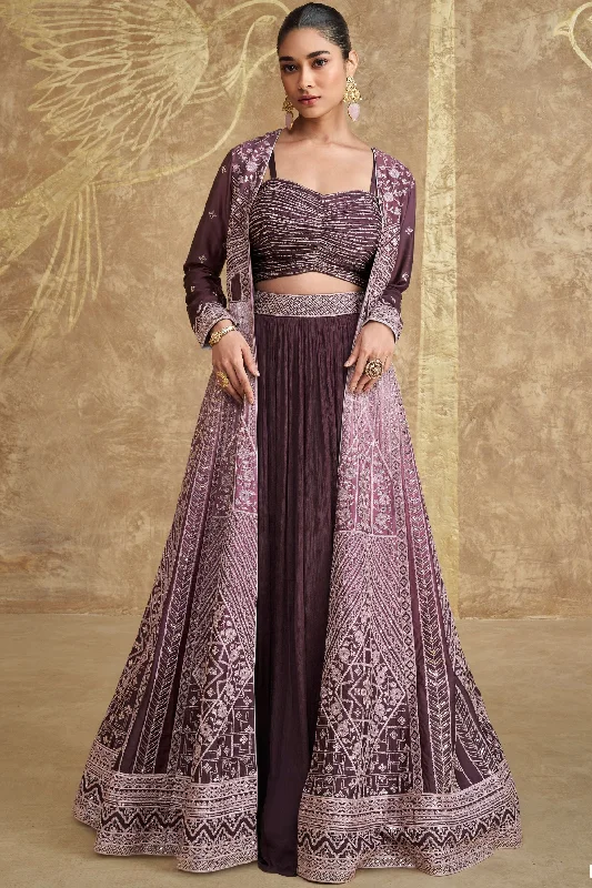 Dark Purple Chinon Silk Lengha Choli with Jacket For Indian Festivals & Pakistani Weddings Dress - Embroidery Work Fleece Fabric Down Fabric Feather Fabric Dark Purple Chinon Silk Lengha Choli with Jacket For Indian Festivals & Pakistani Weddings Dress - Embroidery Work Fleece Fabric Down Fabric Feather Fabric