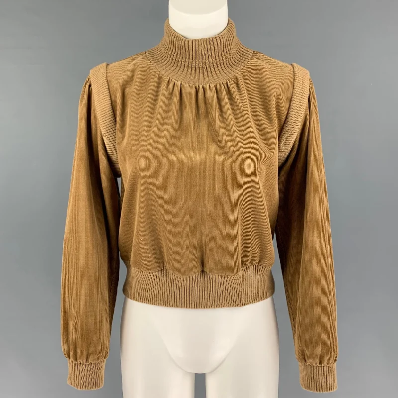 SAINT LAURENT Size 2 Tan Cotton Ribbed Turtleneck Pullover Kimono Neck Pullover