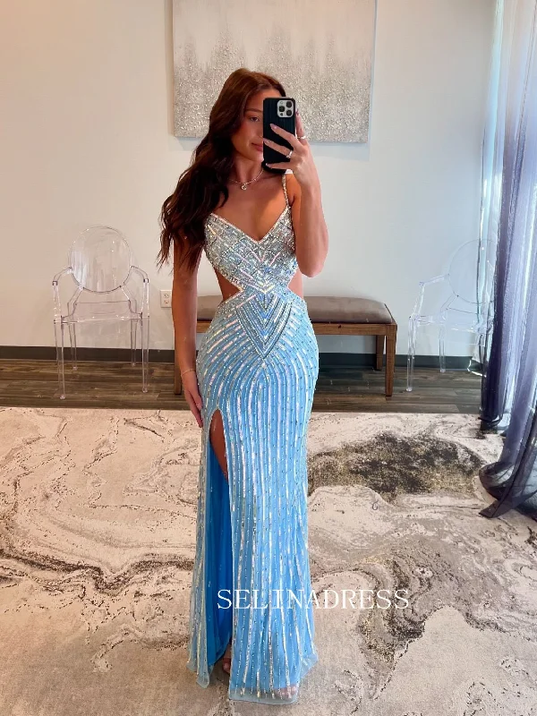 Mermaid Spaghetti Straps Light Sky Blue Long Prom Dresses Beaded Evening Dress ALI0211 Mermaid Spaghetti Straps Light Sky Blue Long Prom Dresses Beaded Evening Dress ALI0211