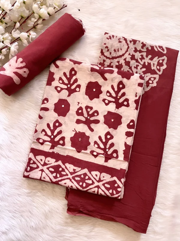 Cotton Hand Blocked Mirror work Wax Batik Dress Material (Unstitched)