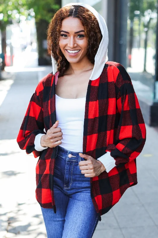 Stepping Out Red Buffalo Plaid Ribbed Hooded Sweater Welt Pockets Slit Pockets Flap Pockets Stepping Out Red Buffalo Plaid Ribbed Hooded Sweater Welt Pockets Slit Pockets Flap Pockets