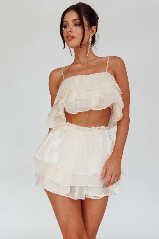 Easy To Love Layered Ruffle Crop Top Cream Zippered Front Buttoned Front Snap Front