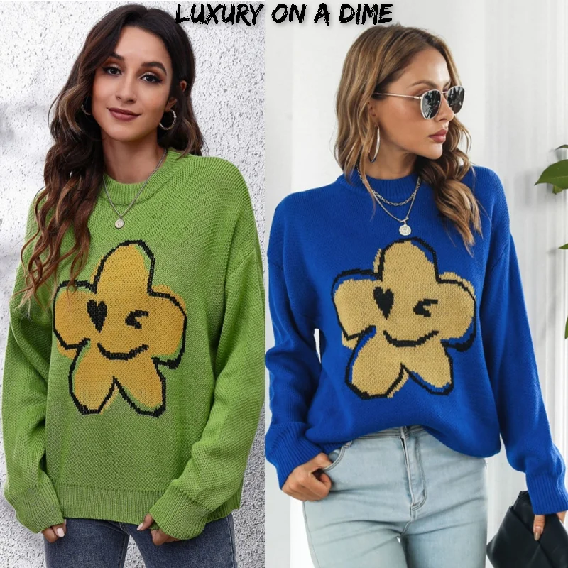 Smiley Face Abstract Flower Bold Color Knit Pullover Long Sleeve Sweater Shirt Slouchy Comfort Pullover