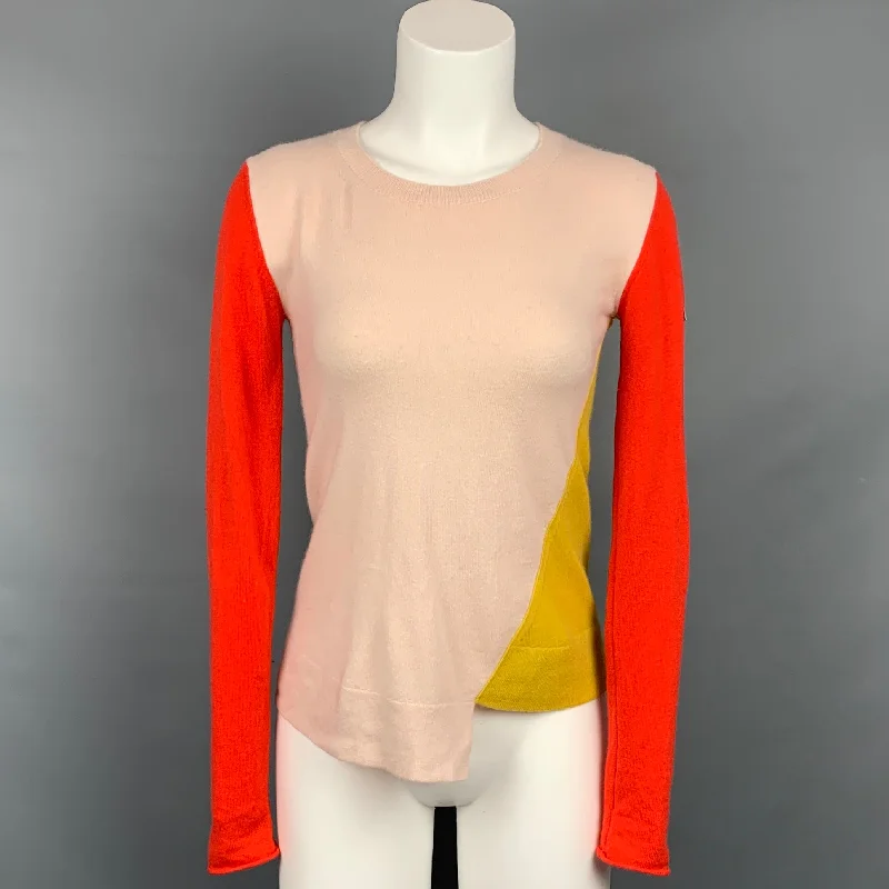 STELLA McCARTNEY Size 2 Orange & Yellow Color Block Cashmere Pullover Deep Neck Pullover