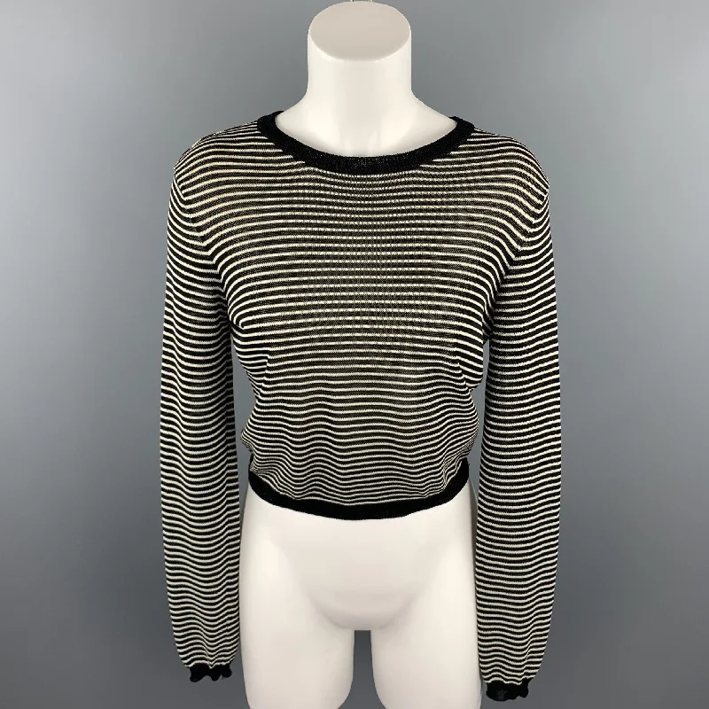 RALPH LAUREN COLLECTION Size S Black & White Knitted Stripe Rayon Blend Crew-Neck Pullover Leg Sleeve Comfort