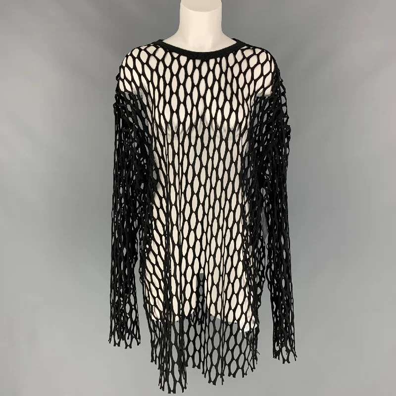 DRIES VAN NOTEN Spring-Summer 2021 Size M Black Polyester Mesh Crew-Neck Pullover Slit Sleeve Stylish