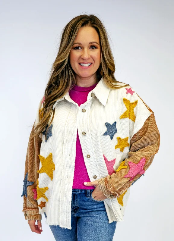 WASHED STAR PATCH CORDUROY JACKET - CREAM Knit Jacket Woven Jacket Fleece Jacket