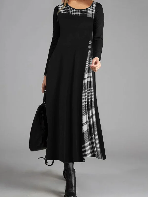 Plaid Printed Button Round Neck Elegant Dress