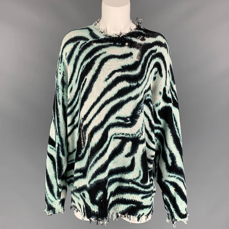 R13 Size XS Aqua & Black Zebra Print Cotton Distressed Oversized Pullover Asymmetrical Neck Pullover