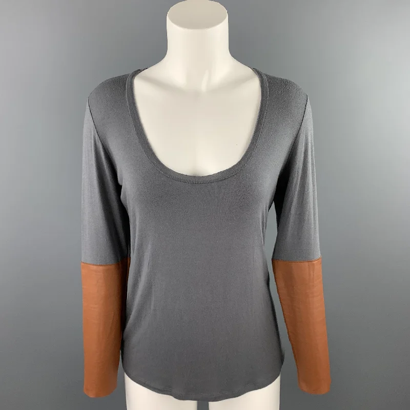 DULKINYS DAVIS Size M Grey Heather Color Block Jersey Scoop Neck Pullover Gathered Sleeve Pullover