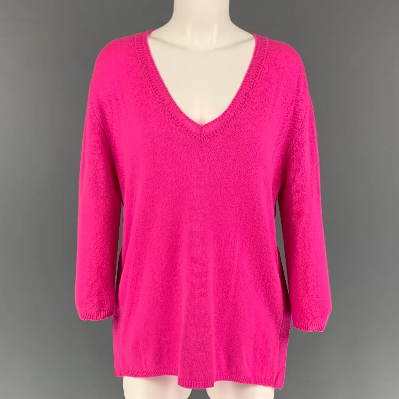 MAGASCHONI Size S Pink Cashmere Knitted V-Neck Pullover Oblong Neck Pullover