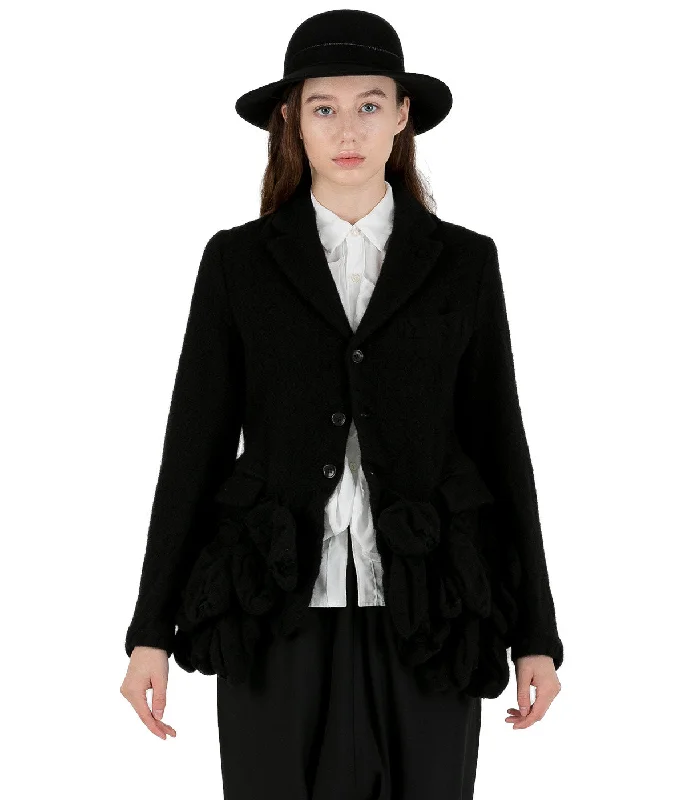 Black Ruffled Front Wool Jacket Herringbone Jacket Checkered Jacket Solid Jacket