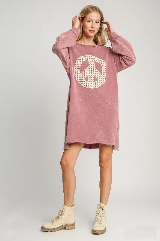 Umgee Solid Color French Terry Dress with Peace Sign Applique in Light Mauve