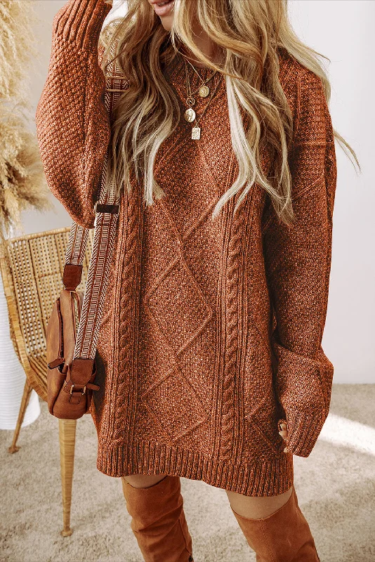 Blue Zone Planet | Coffee Cable Knit Drop Shoulder Loose Fit Sweater Dress Fleece Sweater Nylon Polyester Blue Zone Planet | Coffee Cable Knit Drop Shoulder Loose Fit Sweater Dress Fleece Sweater Nylon Polyester