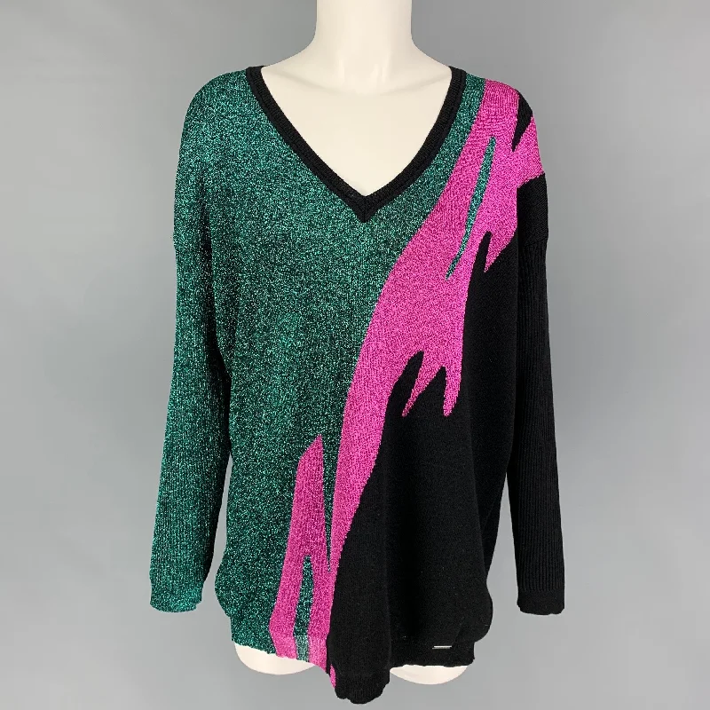DSQUARED2 Size XS Black Green Pink Wool Blend Metallic Pullover Solo Sleeve Pullover