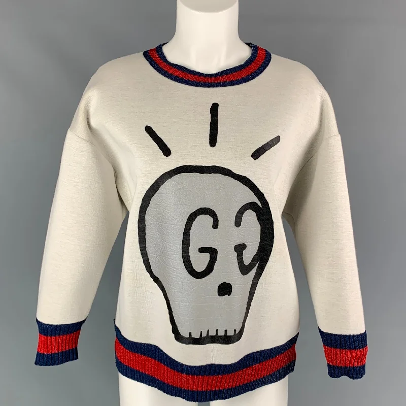 GUCCI Size L Beige Cotton GG Ice Skull Print Pullover Womens Sweater Boat Neck Sweater