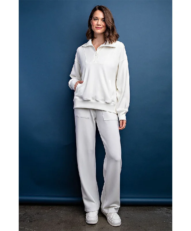 Span 1/4 Zip Mock Neck Pullover Bishop Sleeve Elegant