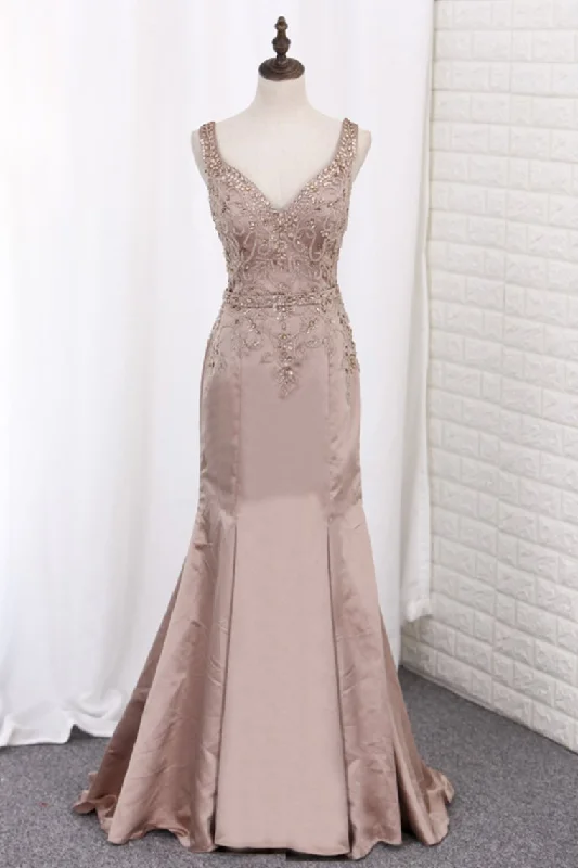 New Arrival Evening Dresses V Neck Satin With Beading Mermaid