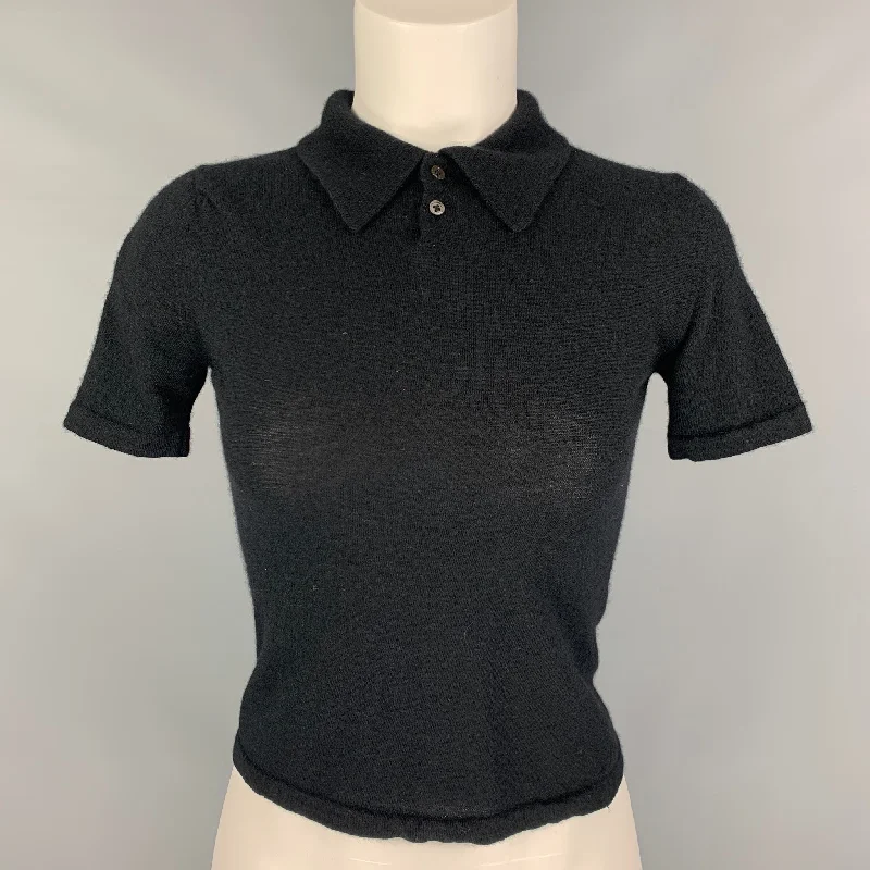 RALPH LAUREN COLLECTION Size S Black Cashmere &  Silk Solid Short Sleeve Pullover Polo Cowl Neck Pullover