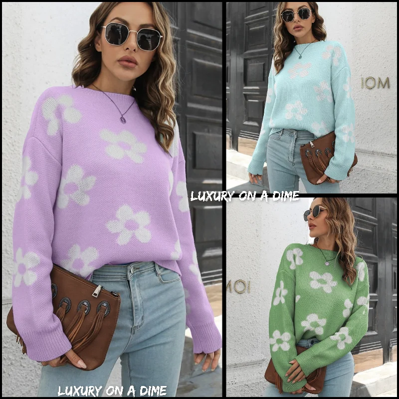 Retro Flower Power Round Neck Long Sleeve Floral Knit Oversized Pullover Sweater Thin Wool Pullover