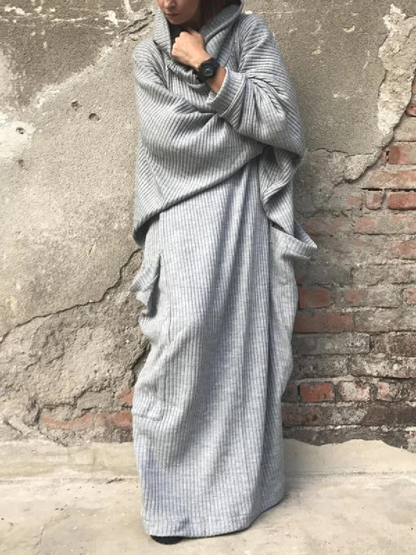 Large Pocket Loose Solid Color High Collar Casual Dress