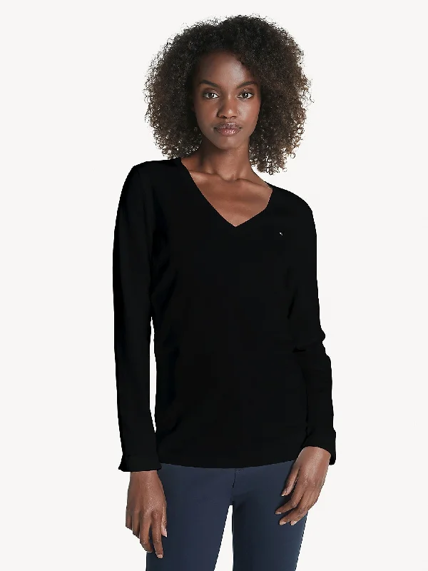 Tommy Hilfiger Essential Solid V-Neck Sweater - Women Elasticated Padded Insulated