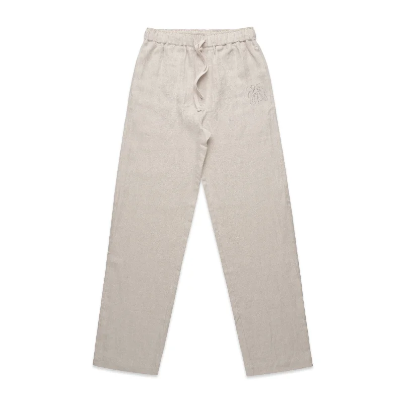 FLWRS Embroidered Linen Trousers - Natural Trousers Palazzo Wide Leg