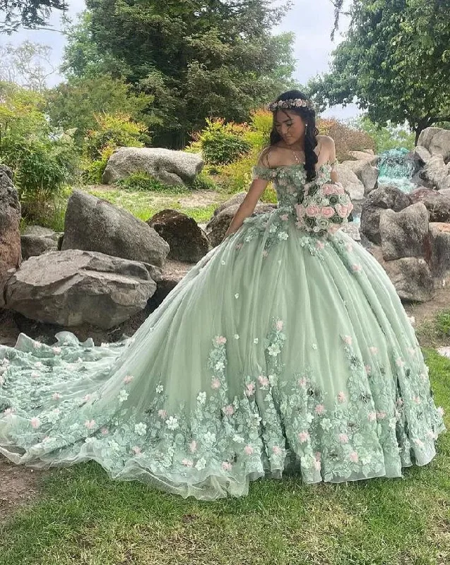 Mint Green Princess Quinceanera Dresses Off Shoulder 3D Floral Ball Gown Coset vestido 15 quinceañeras dorado Sweet 16 Mint Green Princess Quinceanera Dresses Off Shoulder 3D Floral Ball Gown Coset vestido 15 quinceañeras dorado Sweet 16