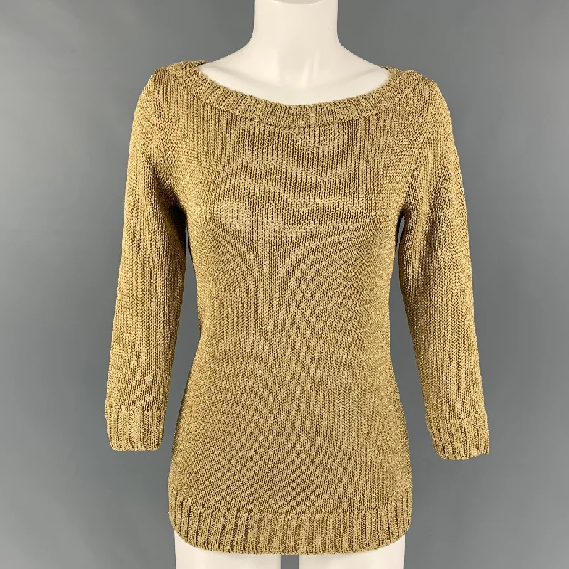 RALPH LAUREN Black Label Size M Gold Viscose Blend Knitted Boat Neck Pullover Short Sleeve Top