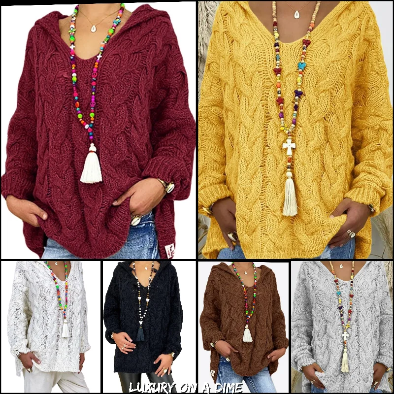 Chunky Cable-Knit Oversized Hoodie Long Sleeve Fall Winter Pullover Sweater V-Neck Stylish Pullover
