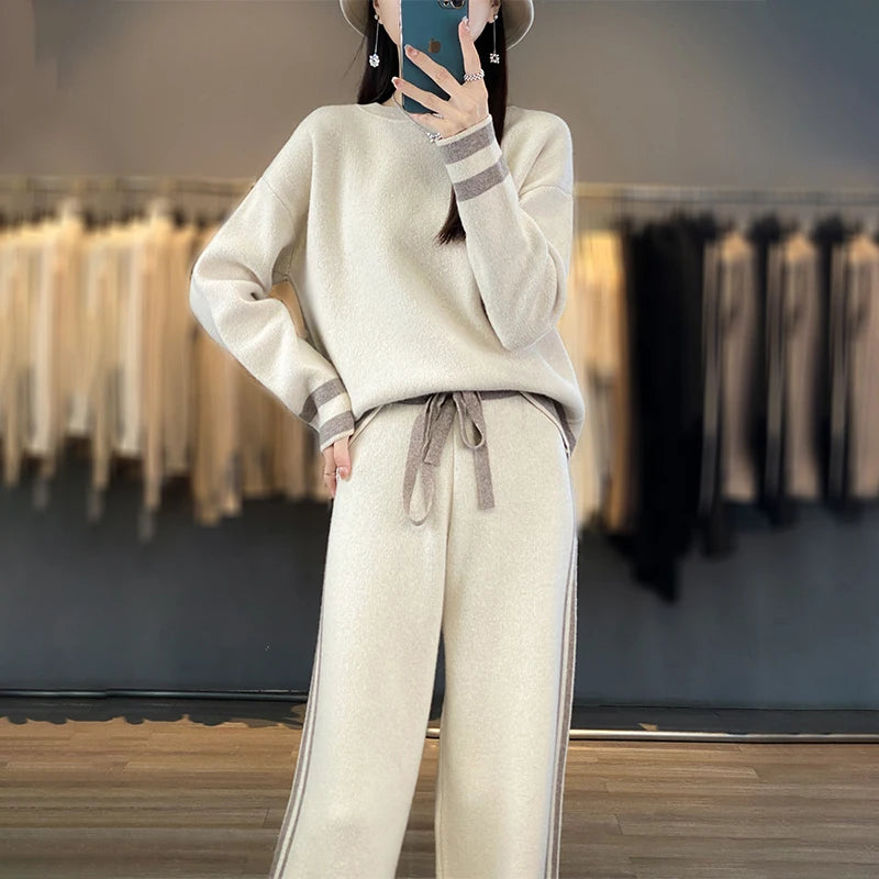 100% Merino Wool Suit Autumn/Winter New Fashion Two-Piece Set Women's Round Neck Pullover Casual High Waisted Trousers Suit Tapered Sleeve Pullover