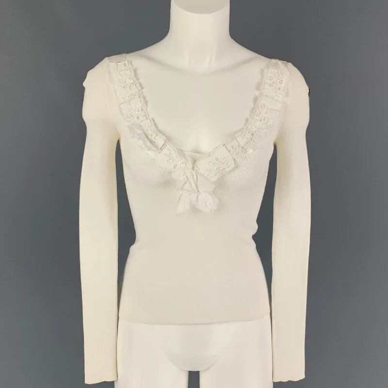 PRADA Size 2 Cream Knitted V-Neck Pullover Chenille Soft Sweater