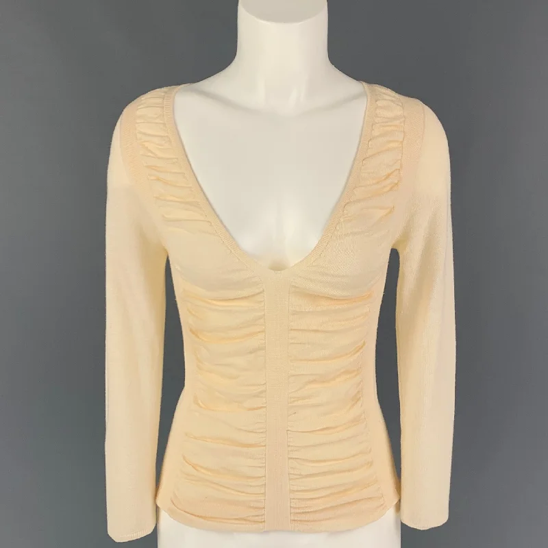 PRADA Size 4 Cream Ruched V-Neck Pullover Hooded Pullover Sweater