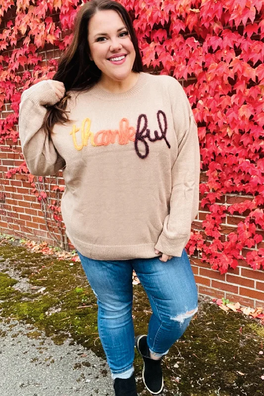 Feeling Thankful Taupe Pop Up Glittery Embroidery Sweater Collared Crew Neck Turtle Neck Feeling Thankful Taupe Pop Up Glittery Embroidery Sweater Collared Crew Neck Turtle Neck